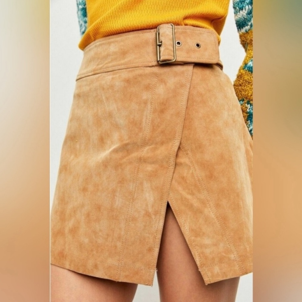 Free People Ari Wrap Skirt Faux Vegan Suede Brown Camel Tan Belted Mini Sz 12 - Picture 1 of 13